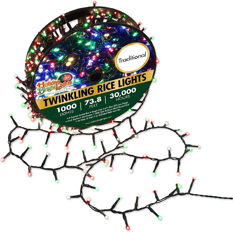 Christmas Jolly Time 1000L Twinkling Rice Light Reel - Gr/Traditional (Red, Green, White Frost)