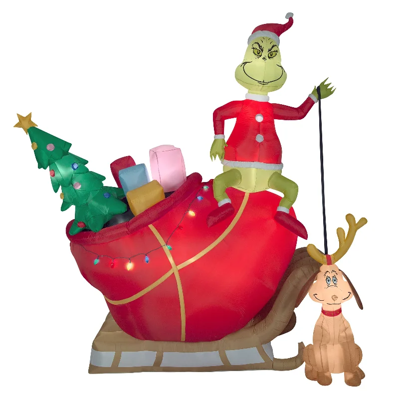 Christmas Festive Snowmen 12 ft. Inflatable Grinch On Sleigh with Max with LED Lights Christmas Festive Snowmen 12 ft. Inflatable Grinch On Sleigh with Max with LED Lights