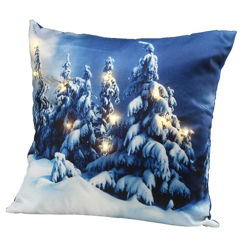 Christmas Market 17 in. Winter Scene Pillow with LED Lights