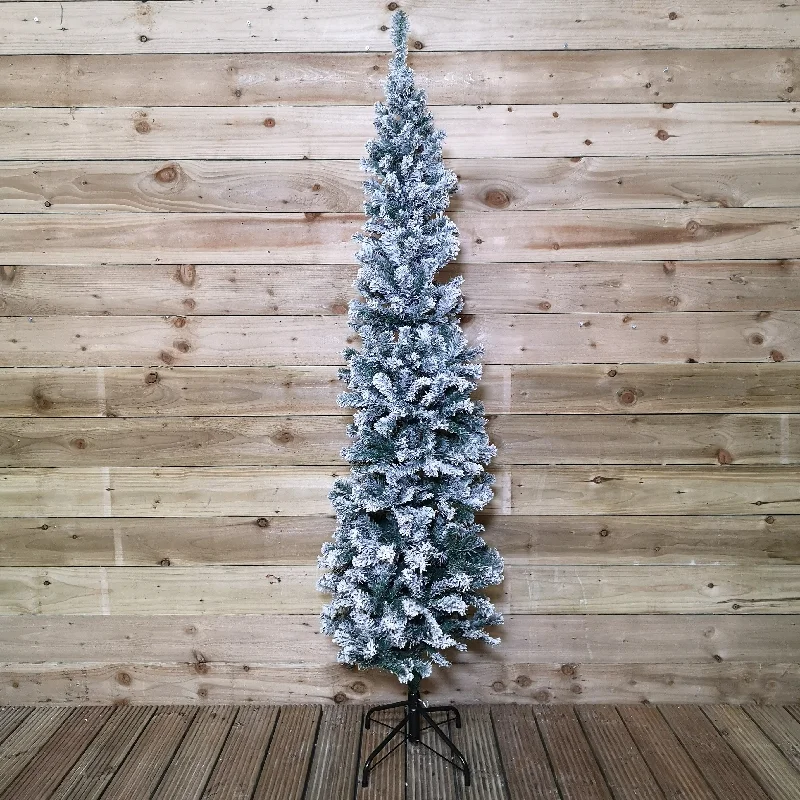 Christmas Gift Packing Station 2.2m (7.5ft) Snow Flocked Spruce Pine Slim Christmas Tree in Green Christmas Gift Packing Station 2.2m (7.5ft) Snow Flocked Spruce Pine Slim Christmas Tree in Green