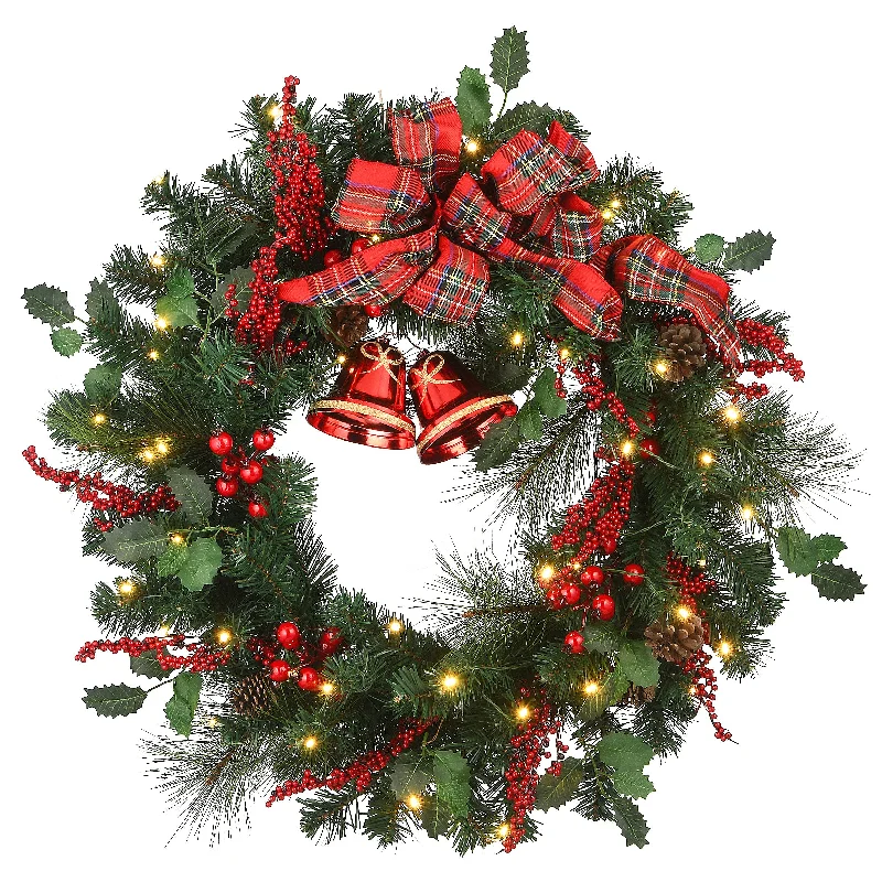 Christmas Cozy Winter Nights 30 in. Pre-Lit Plaid Bow Wreath with LED Lights