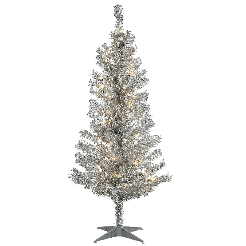 Christmas Feast 4 ft. Pre-Lit Tinsel Collection Silver Tree with Clear Lights