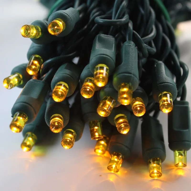 50-light  5mm Yellow LED Christmas Lights, 4" Spacing Green Wire