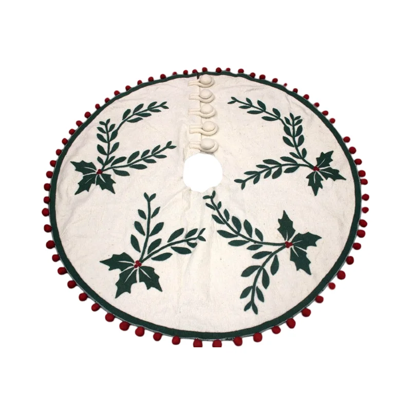Christmas Crackling Bonfire Handmade Ivory Pom Tree Skirt, 55"