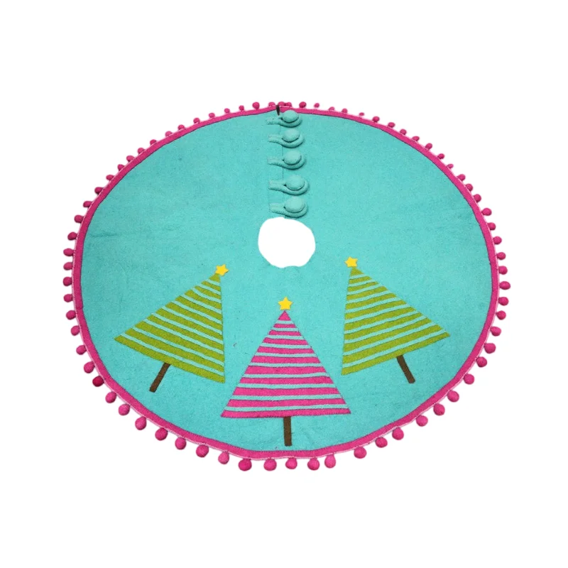 Christmas Snowflake Magic Handmade Turquoise Pom Tree Skirt, 55"
