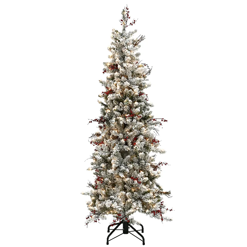 6.5 ft. Pre-Lit Snowy Freehold Spruce Pencil Slim Tree with Clear Lights