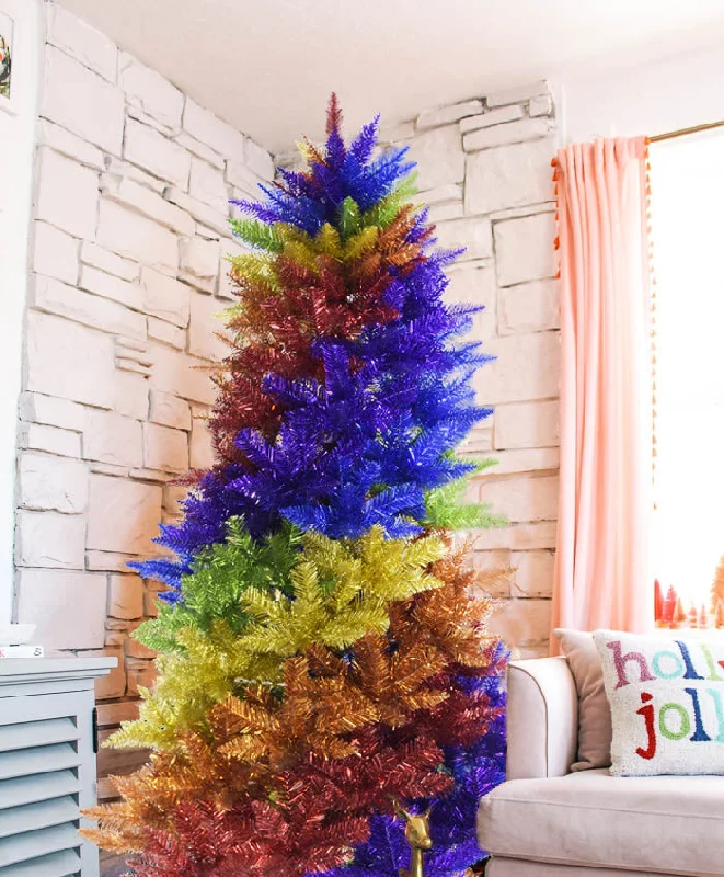 Christmas Star 6.5' Rainbow Swirl Tinsel Christmas Tree with Red Stand
