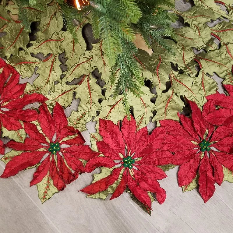 Christmas Cheerful Holiday Atmosphere Red and Green Poinsettia Tree Skirt