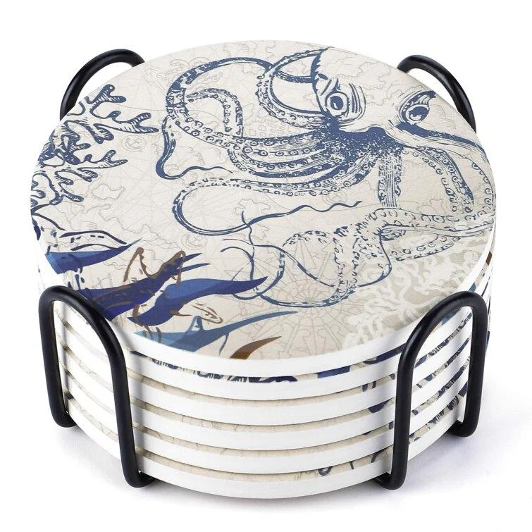 Christmas Winter Night Sky Octopus Ceramic Coaster Set of 6 for Nautical Beach House Decor Christmas Winter Night Sky Octopus Ceramic Coaster Set of 6 for Nautical Beach House Decor