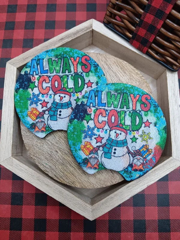 Christmas Fireplace Mantel Always Cold Snowman Car Coaster Set
