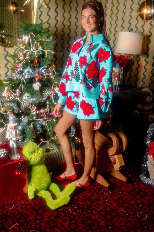 Christmas Starry Outdoor Lights Aqua Poinsettia, Cardinal & Pine Cone Henley Short