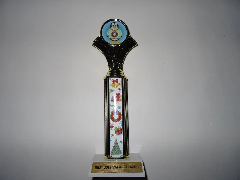 Christmas Glittering Snowy Roofs Awesome Ugly Sweater Award Trophy 12" Penguin