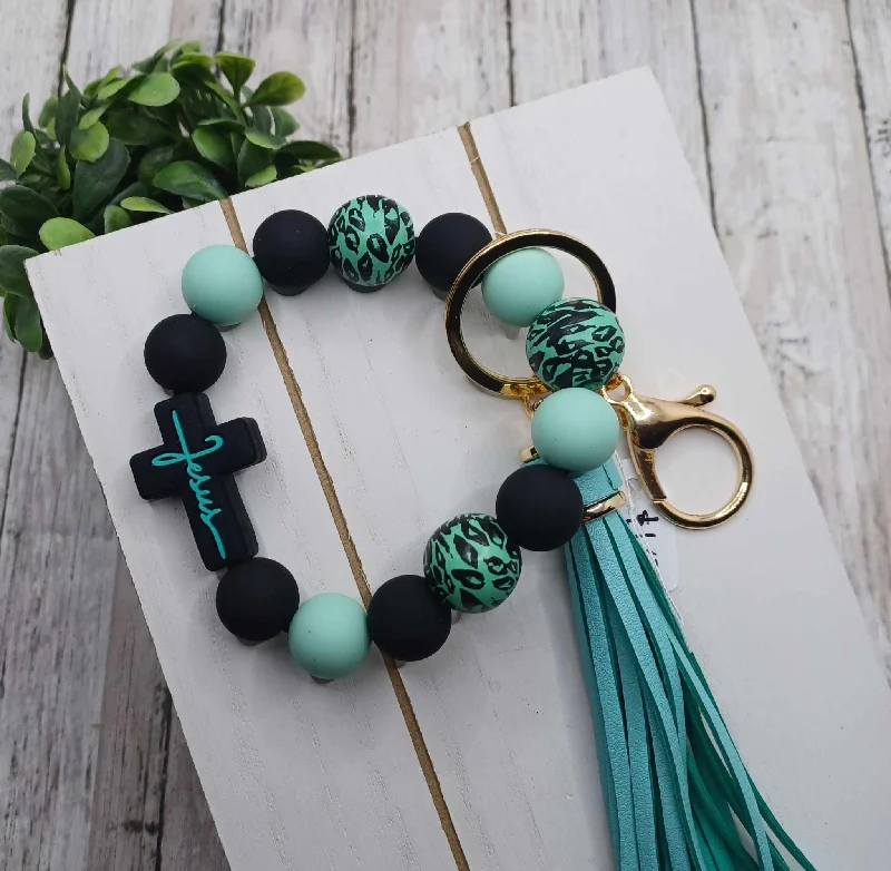 Black & Teal Cross Beaded Wristlet Keychain