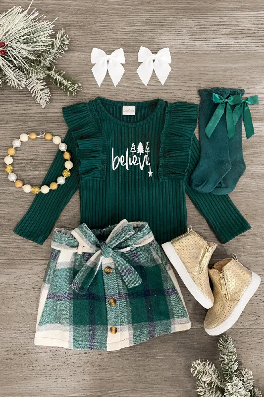 Christmas Gift Wrapping Fun "Believe" Green Flannel Skirt Set