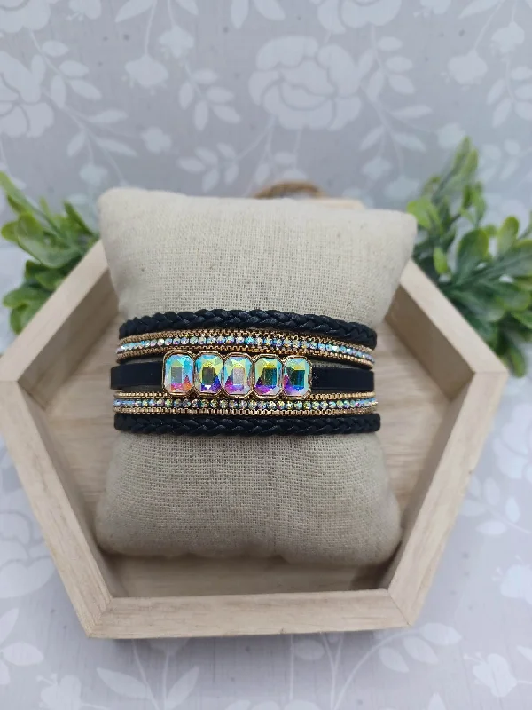 Christmas Stockings Black Leather Braided Bracelet w/ Mermaid Rhinestone Accents