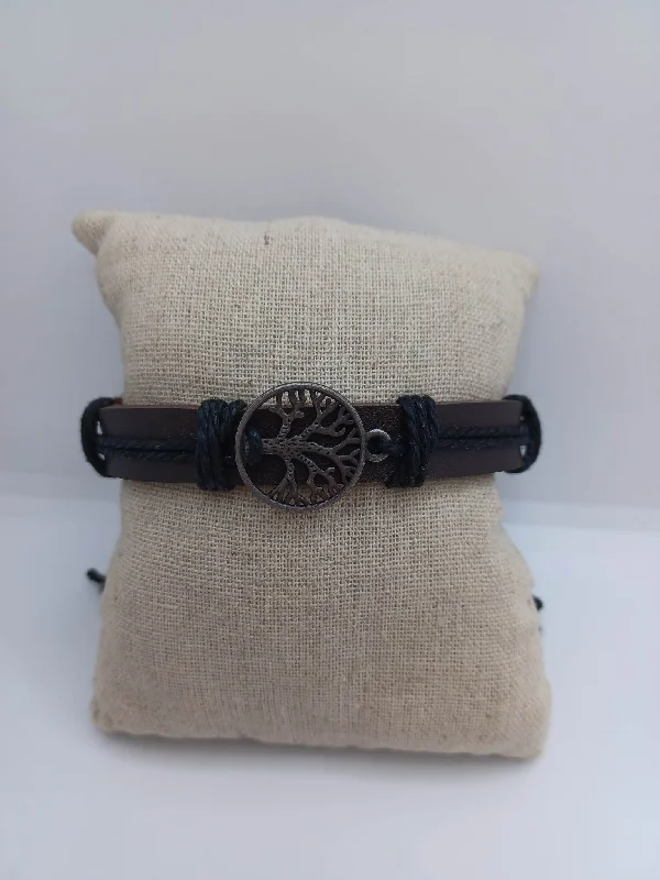 Christmas Decor Black Leather Style Bracelet w/ Tree of Life