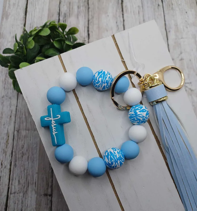 Blue Beaded Cross Wristlet Keychain