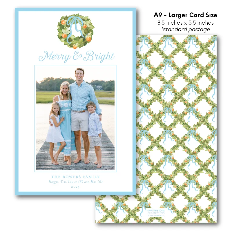 Christmas Cozy Warm Blankets 'Blue Citrus Wreath' Holiday Card - A9 - Larger Card Size