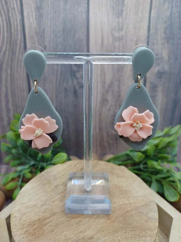 Christmas Festive Festivities Blue Clay Style Earrings w/ Pink Flower