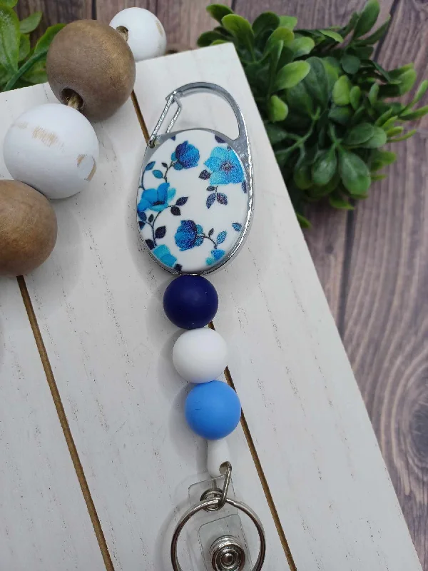 Blue Floral Retractable Beaded Badge Reel