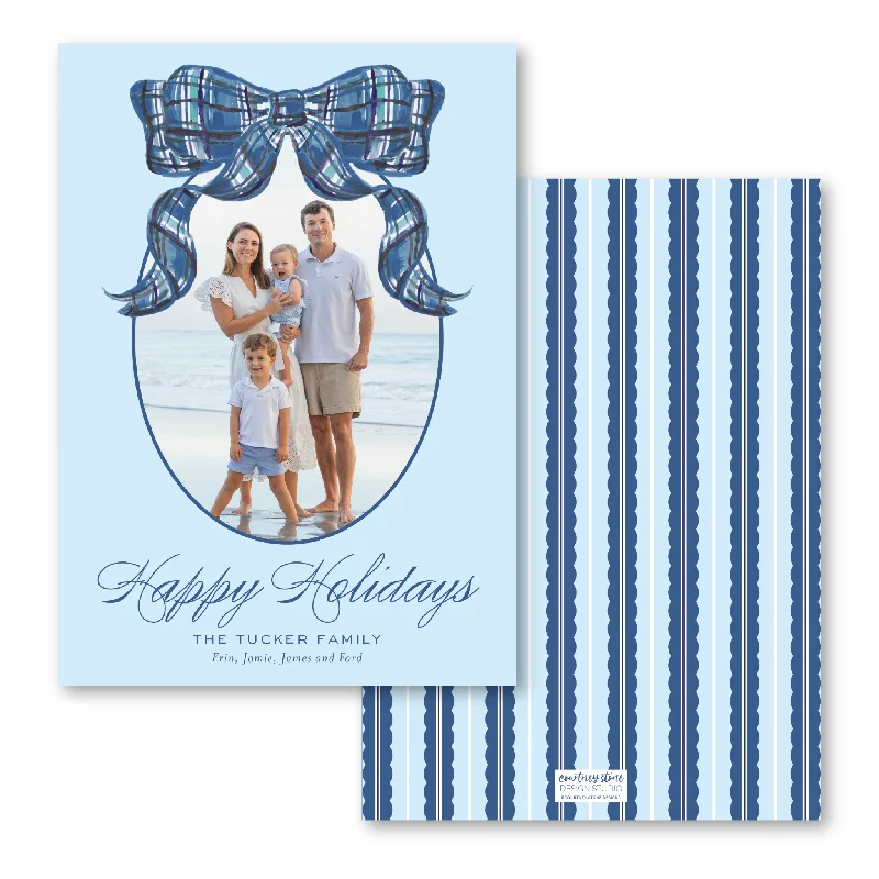 Santa Claus Blue Tartan Bow Holiday Card