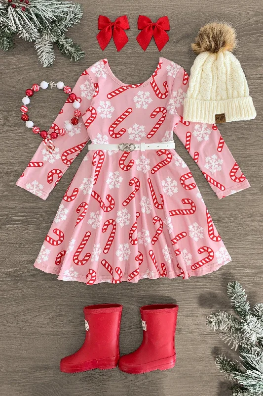Christmas Twinkling Festive Lights Pink Snowflake Candy Cane Dress