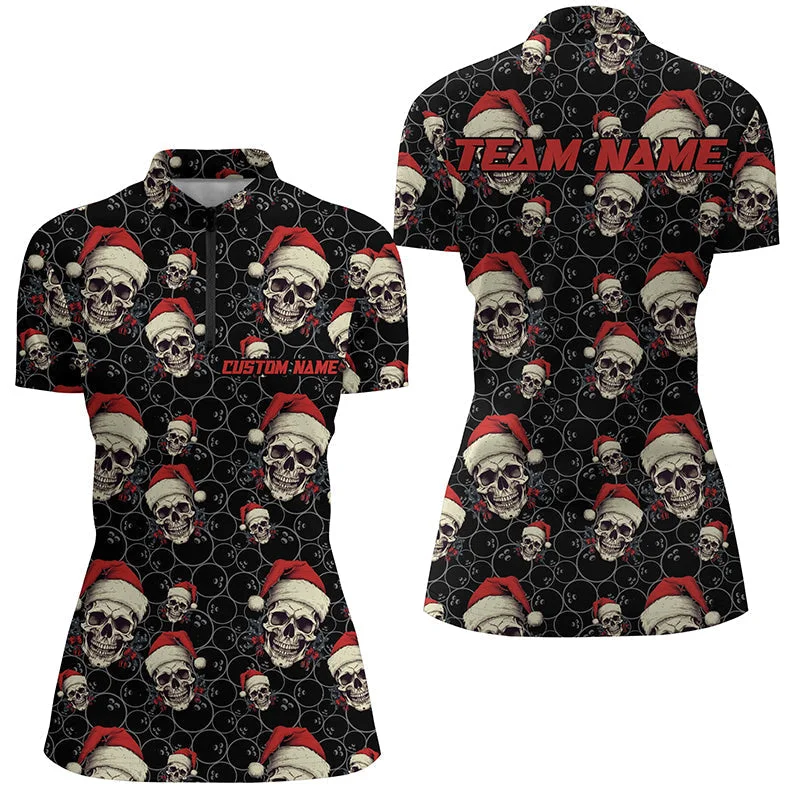 Custom Women Funny Christmas Bowling Quarter Zip Shirts Skull Christmas Gifts For Bowlers IPHW5315 Custom Women Funny Christmas Bowling Quarter Zip Shirts Skull Christmas Gifts For Bowlers IPHW5315