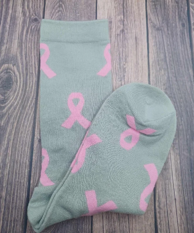 Christmas Gift Wrapping Fun Breast Cancer Awareness Socks - Grey w/ Pink Ribbon