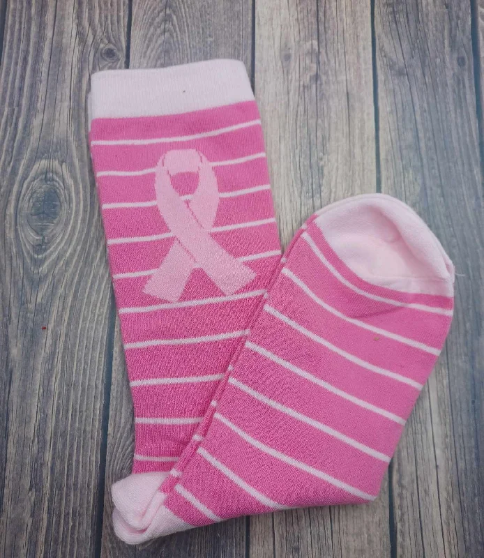 Christmas Festive Santa Hats Breast Cancer Awareness Socks - Pink Striped w/ Ribbons Christmas Festive Santa Hats Breast Cancer Awareness Socks - Pink Striped w/ Ribbons
