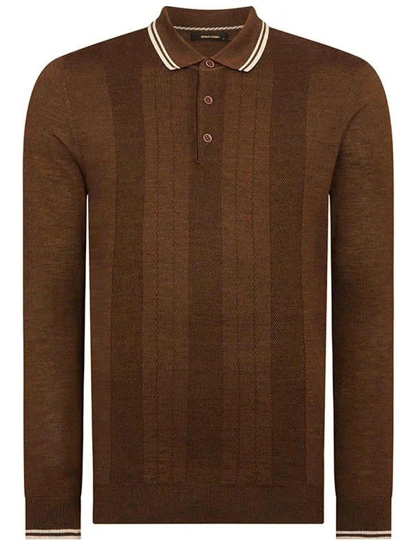 Christmas Warming Cocoa Sips Brown Merino Wool Long Sleeve Retro Knitted Polo
