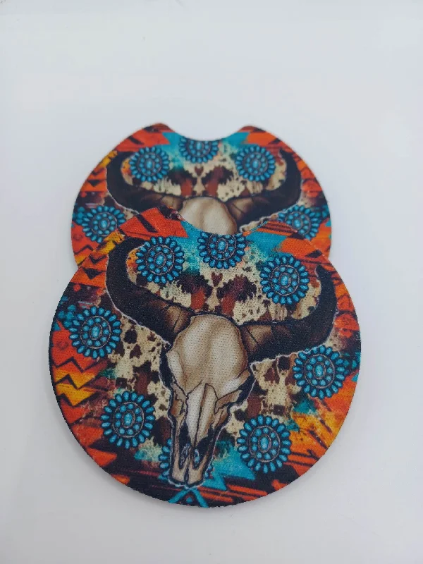 Christmas Garland Bull Skull w/ Turquoise Car Coaster Set