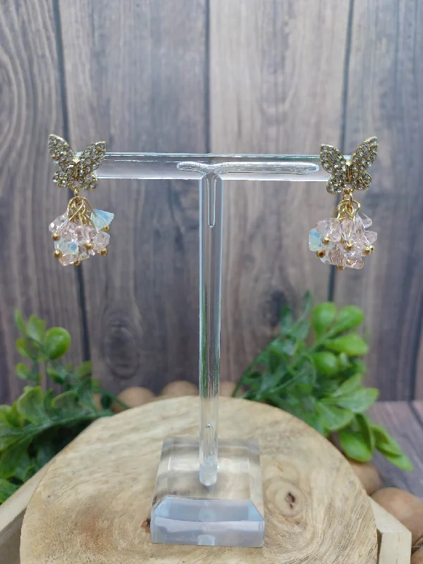 Holiday Lights Butterfly Rhinestone Earrings w/ Pink Beaded Clusters