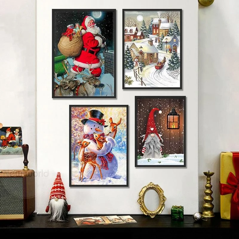 Christmas Cozy Indoor Nights Santa Claus Snowman Landscape Canvas Printed Painting