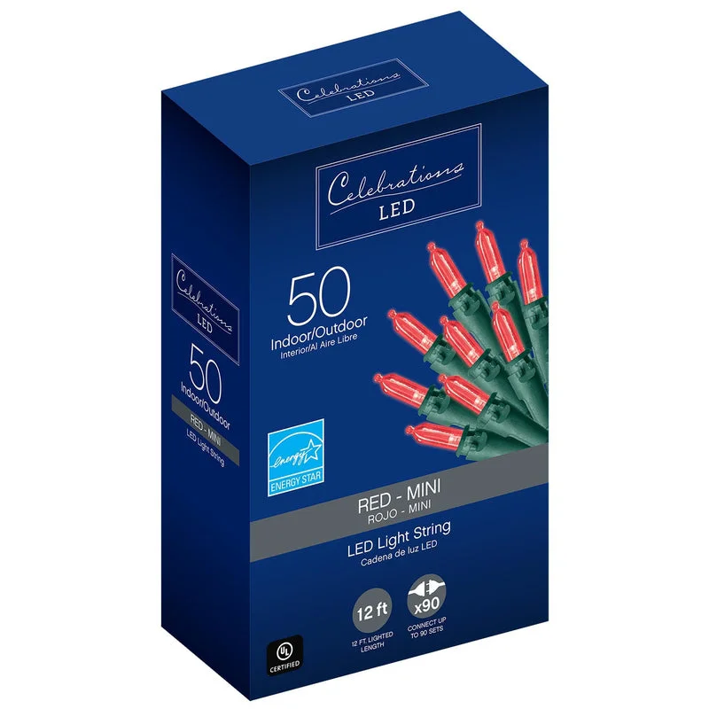 Christmas Cozy Warm Blankets Celebrations LED Mini Red 50 ct String Christmas Lights 12.25 ft.
