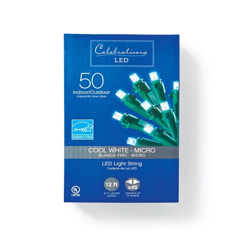 Christmas Party Celebrations LED Micro Cool White 50 ct String Christmas Lights 12 ft.