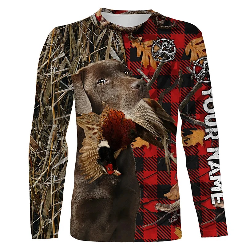 Christmas Holiday Gathering Chocolate Labrador Pheasant Hunting Dog Red Plaid Camo Custom Name Shirt, Christmas Gifts for Hunters FSD4239 Christmas Holiday Gathering Chocolate Labrador Pheasant Hunting Dog Red Plaid Camo Custom Name Shirt, Christmas Gifts for Hunters FSD4239