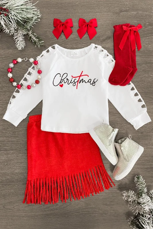 Christmas Tree "Christmas" Red Suede Fringe Skirt Set