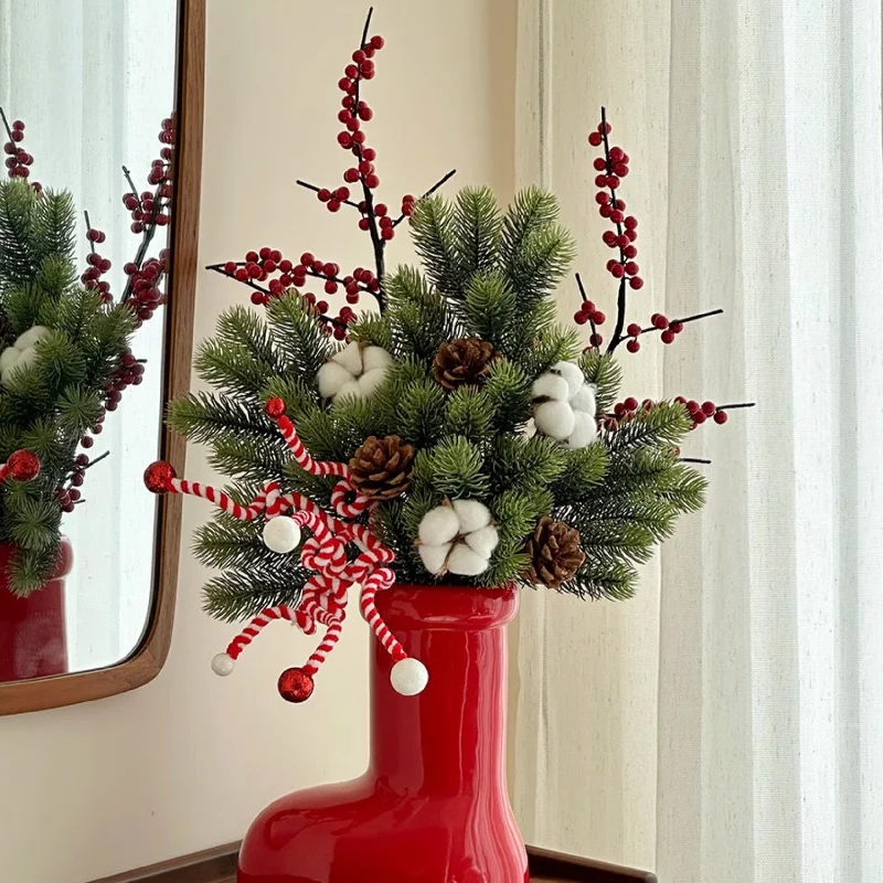 Christmas Cheer Christmas Sock Vase with Festive Bouquet – Cotton, Pine Cones & Christmas Branched