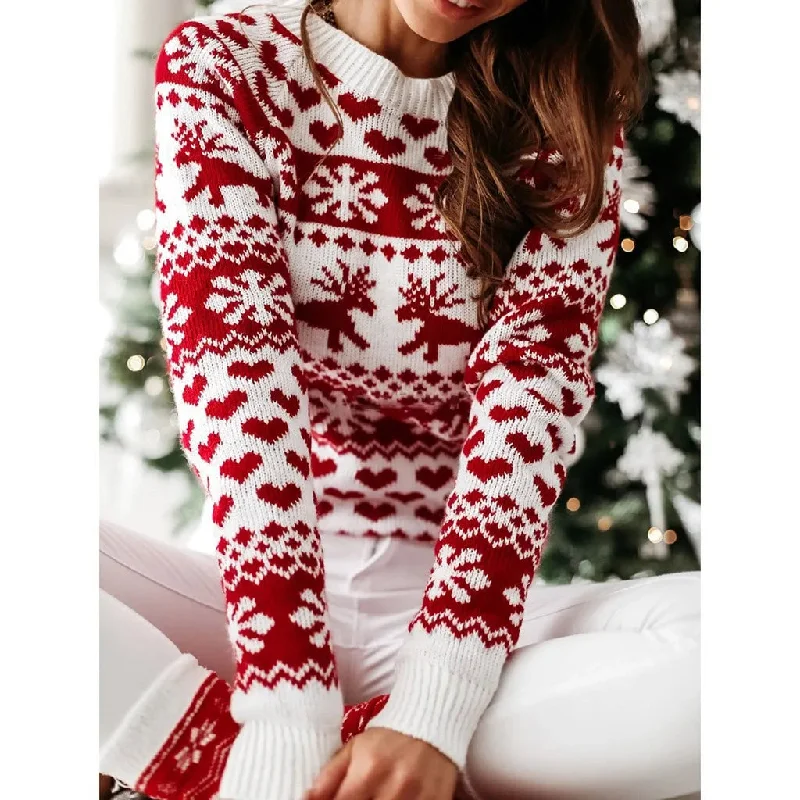 Christmas Crackling Bonfire Christmas Sweater Long Sleeve Print Pullover Knitted Casual