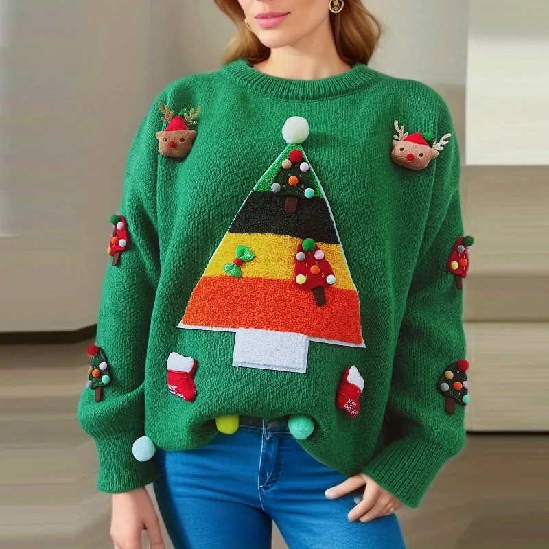 Christmas Twinkling Star Lights Christmas Tree Jacquard Round Neck Long Sleeve Fleece Christmas Sweater