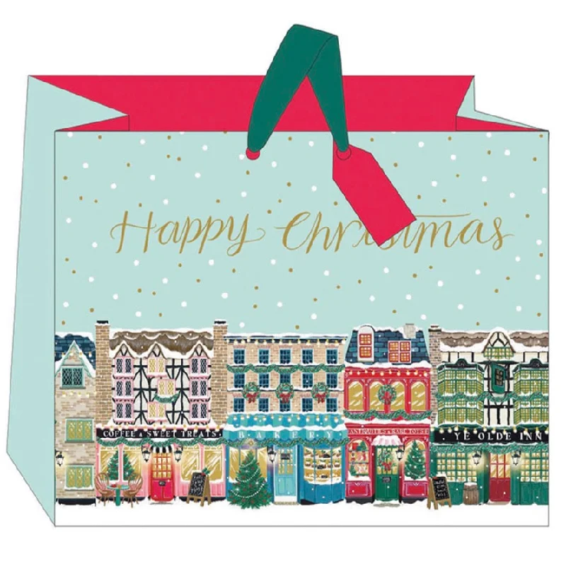 Christmas Glittering Snowy Roofs Christmas Village “Happy Christmas” Large Christmas Gift Bag