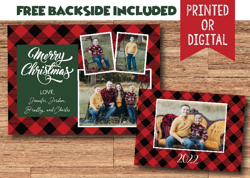 Christmas Festive Night Lights Buffalo Plaid Holiday Christmas Card Digital or Printed with Photos and FREE Backside!