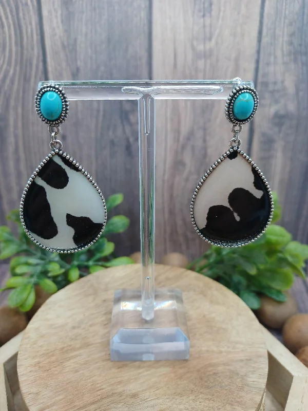 Christmas Twinkling Star Lights Cow Print Teardrop Earrings w/ Turquoise Crackle Stone Embellishment Christmas Twinkling Star Lights Cow Print Teardrop Earrings w/ Turquoise Crackle Stone Embellishment