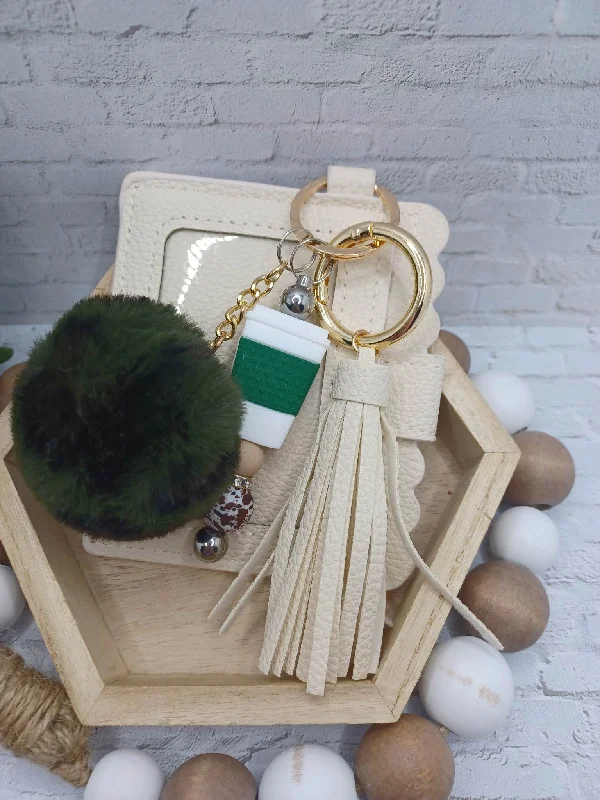 Christmas Tree Cream Colored Wallet w/ Beaded Coffee Keychain & Pom Pom Keychain