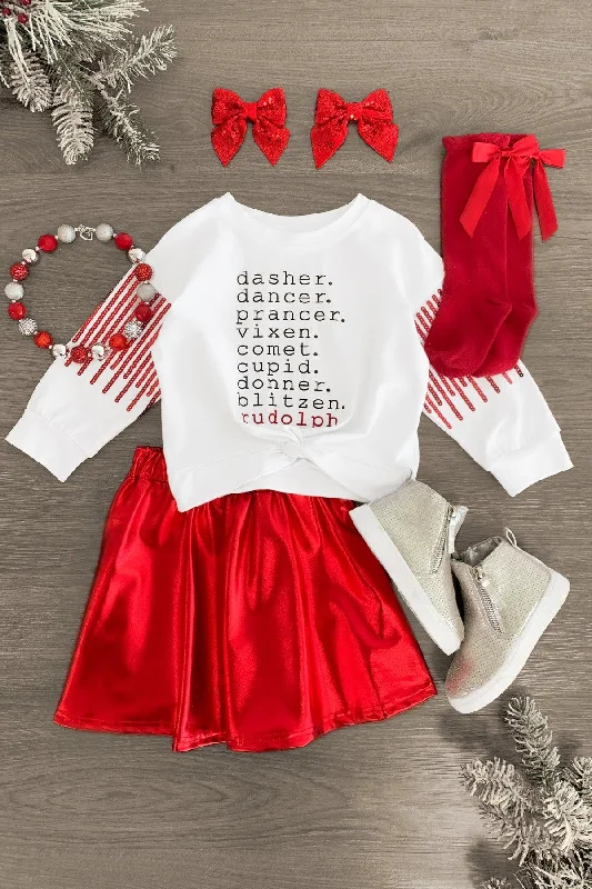 Christmas Festive Festivities "Dasher, Dancer..." Red Metallic Skirt Set