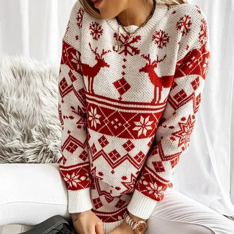 Christmas Enchanted Night Sky Deer Print Casual Loose Long Sleeve O Neck Christmas Sweater