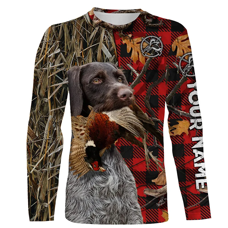 Deutsch Drahthaar Pheasant Hunting Dog Red Plaid Camo Custom Name Shirt, Christmas Gifts for Hunters FSD4242 Deutsch Drahthaar Pheasant Hunting Dog Red Plaid Camo Custom Name Shirt, Christmas Gifts for Hunters FSD4242