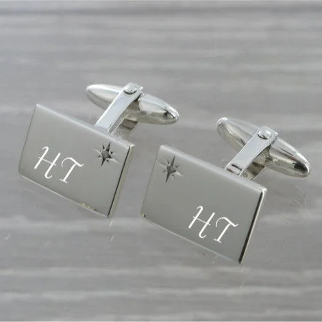 Diamond Set Rectangle Swivel Solid Silver Cufflinks 9267