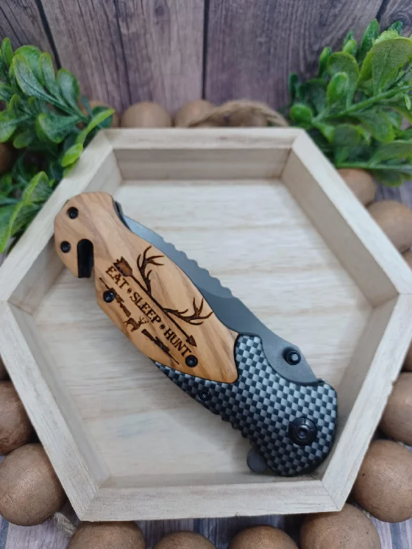 Christmas Presents PREORDER - Eat Sleep Hunt Wooden Engraved Utility Knife