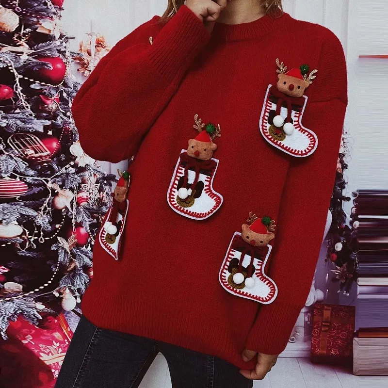 Christmas Feast Elk 3D Decoration Christmas Sweater - Long Sleeve Knit Pullover